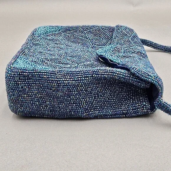 VTG Beaded Purse Made in Japan Blue Mosaic Iridescent Evening Bag Top Handle 60s - Picture 3 of 14